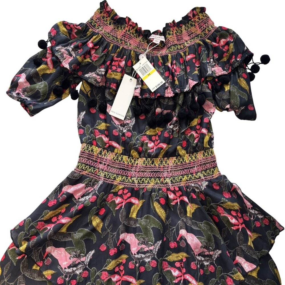 Red Carter Black & Pink Tropical Mini Dress With Tassels & Smocked Waist - Picture 3 of 11